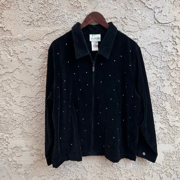 Quacker Factory Black Velvet Rhinestone Studded Zip Jacket Size 1X - Picture 1 of 5